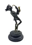 Contemporary cold painted bronze model of an elf playing the saxophone