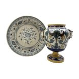 Ming style blue and white charger D31cm together with an Italian Majolica urn with beast mask handle