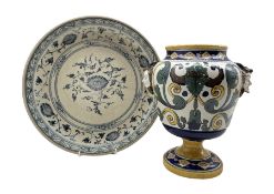 Ming style blue and white charger D31cm together with an Italian Majolica urn with beast mask handle