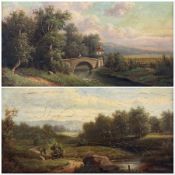 Jules Ernest Devaux (French 1837-1891): Rural Landscape with Bridge and Figures