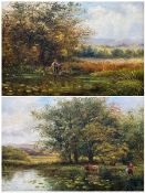 J B Gummery (British 19th century): Angler and Cows by Rural Pond