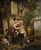 William Collins (British 1788-1847): Woman Washing Boy's Face with Yipping Spaniel