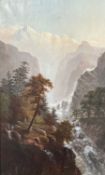 English School (19th century): Mountainous Waterfall Scene