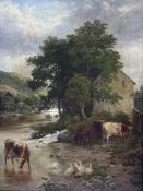 W Hodgson (British 19th century): Highland Cattle and Geese Watering at River