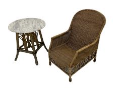 Edwardian cane chair together with similar table with marble top
