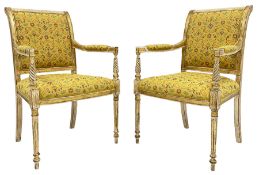 Pair French style cream and parcel gilt finish open armchairs