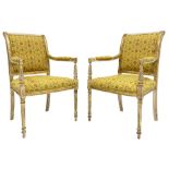 Pair French style cream and parcel gilt finish open armchairs