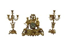 Late 19th century alabaster and gilt figural mantel clock garniture