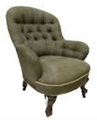 Victorian tub chair in buttoned back green fabric