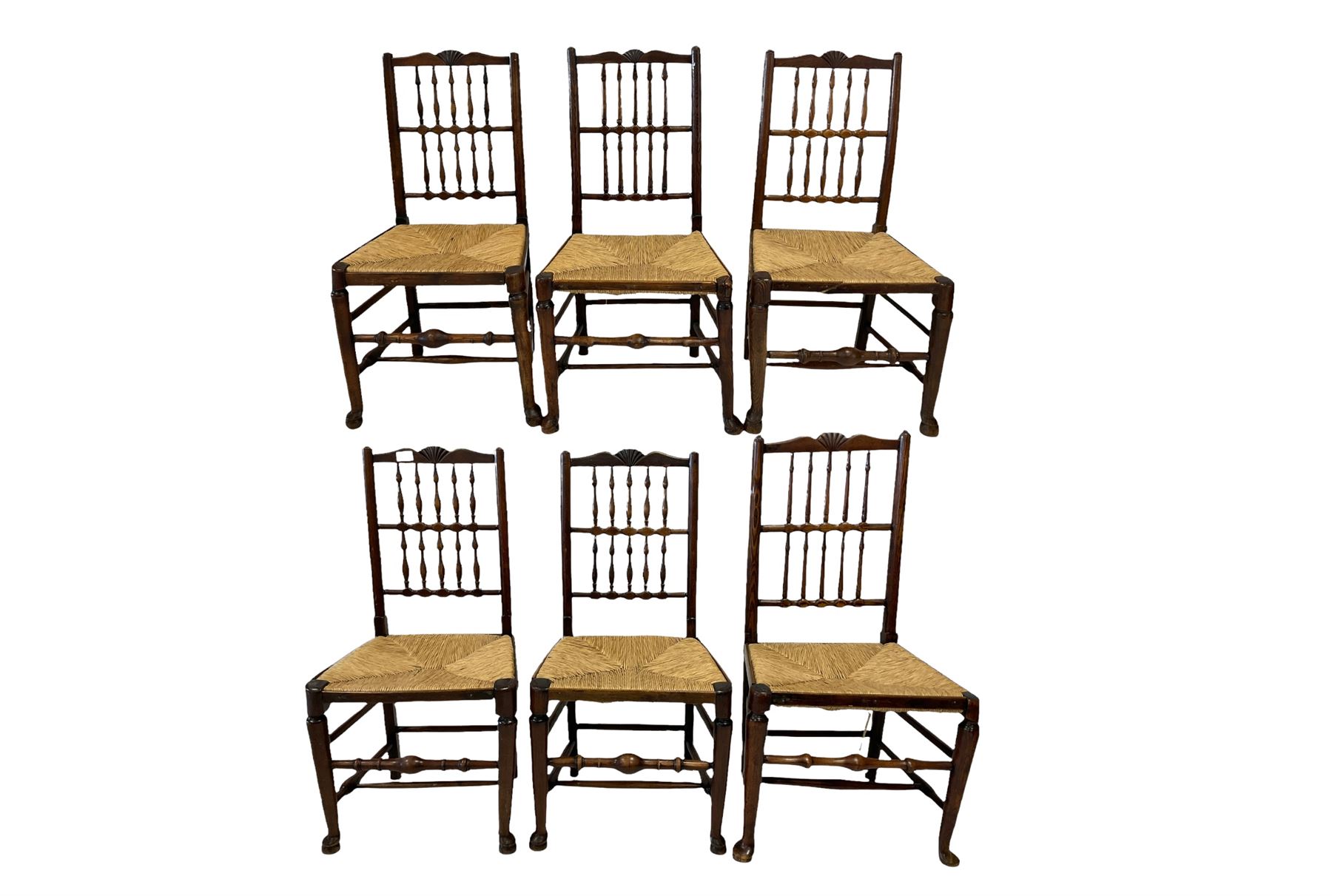 Set six spindle back chairs with rush seats