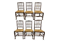 Set six spindle back chairs with rush seats