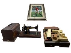 CS Jones sewing machine in case; signed Manchester United football photograph wooden vintage toy cas