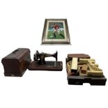 CS Jones sewing machine in case; signed Manchester United football photograph wooden vintage toy cas