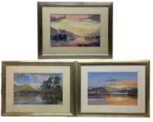 J E Ward (British 20th century): Dawn and Sunset Landscape and Lake with Ships