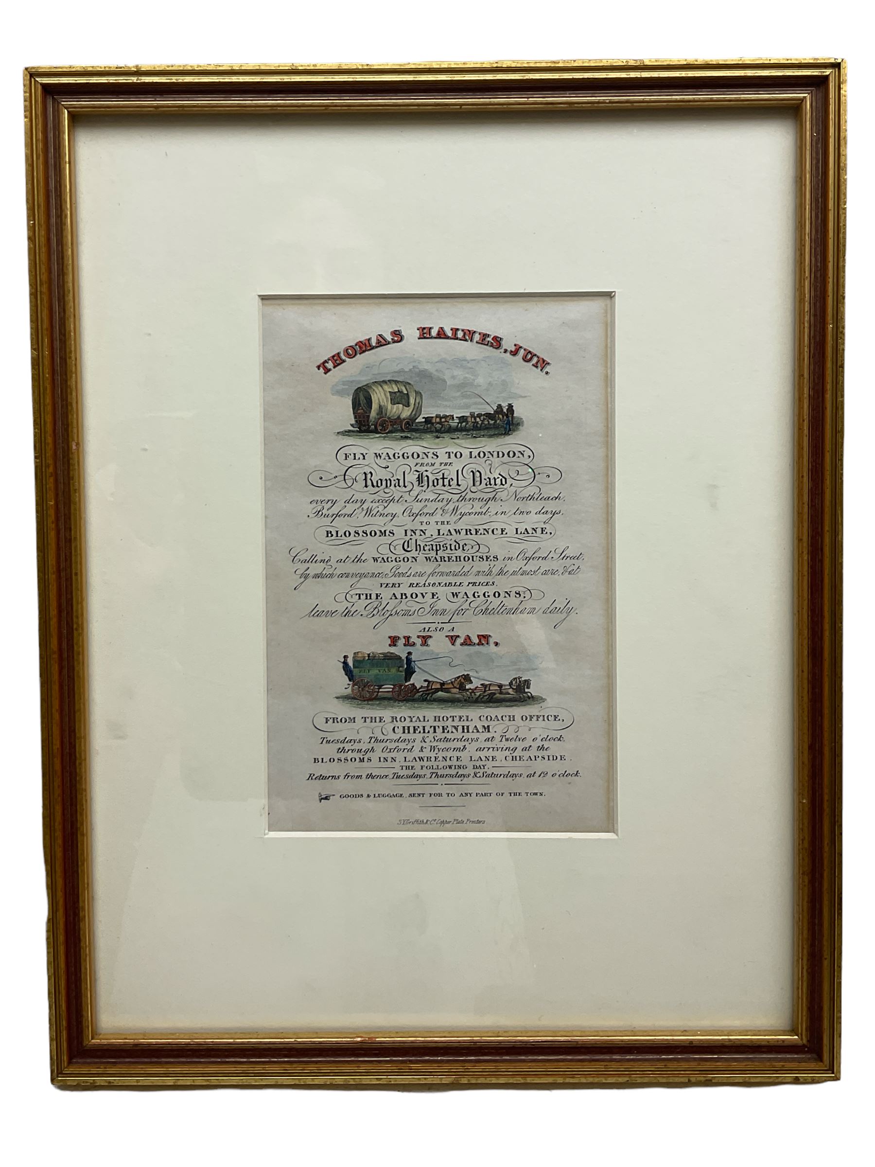19th century framed advertisement for Fly Waggons and Coaching in and around London 18cm x 12cm