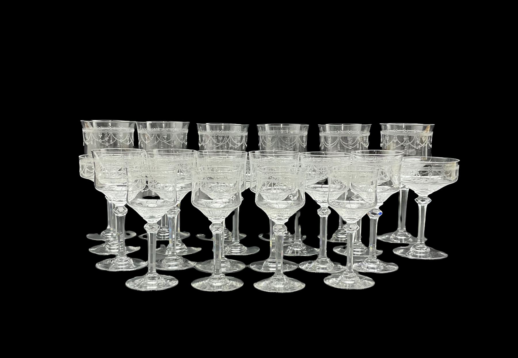 Suite of swag etched glassware together with quantity of silver plate in two boxes