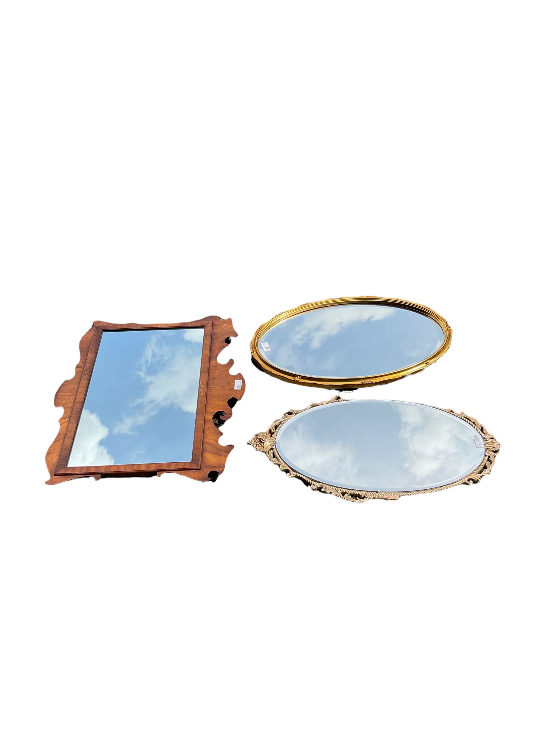 Bevan Funnell walnut framed mirror and two ornate oval gilt framed mirrors (3)