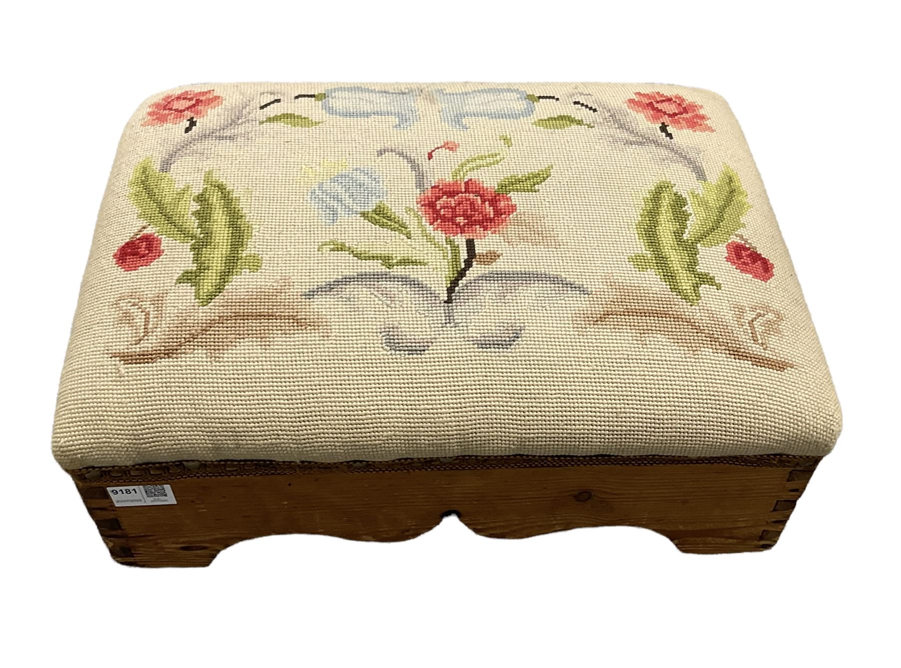 Needlework footstool with a pine base