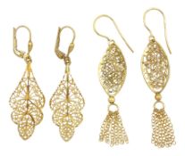 Two pairs 9ct gold filigree pendant earrings