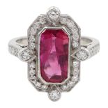 18ct white gold vari-cut rectangular ruby and round brilliant cut diamond cluster ring