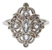 9ct white gold milgrain set diamond and aquamarine filigree ring