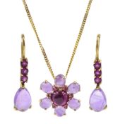 9ct gold cabochon amethyst and stone set flower pendant necklace and a similar pair of 9ct gold pend