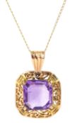 Gold cushion cut amethyst openwork pendant