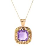 Gold cushion cut amethyst openwork pendant