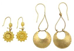 Pair of 9ct gold Grecian style crescent pendant earrings and a pair of 9ct gold Etruscan style circu