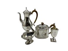 Silver replica of a Hester Bateman tea and coffee set comprising baluster coffee pot on a pedestal f