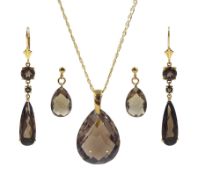 Gold pear shaped brillite cut smokey quartz pendant necklace and two pairs of gold smokey quartz pen