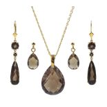 Gold pear shaped brillite cut smokey quartz pendant necklace and two pairs of gold smokey quartz pen