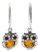 Pair of silver amber and cubic zirconia owl pendant earrings