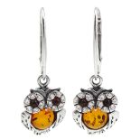 Pair of silver amber and cubic zirconia owl pendant earrings