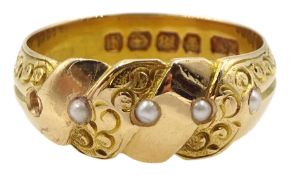 Victorian 18ct gold seed pearl ring with engraved scroll decoration