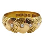 Victorian 18ct gold seed pearl ring with engraved scroll decoration