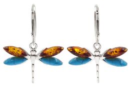 Pair of silver turquoise and amber dragonfly pendant earrings