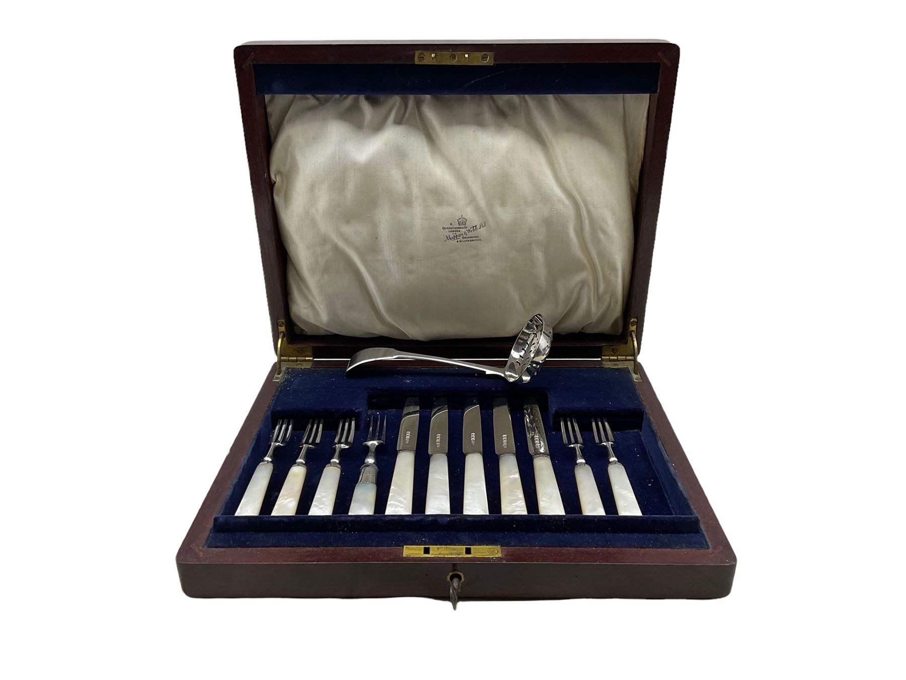 Six silver bladed dessert forks with mother of pearl handles and five matching knives by Mappin & We