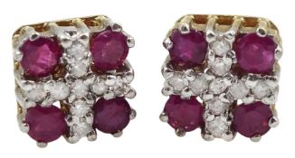 Pair of 9ct gold ruby and diamond square cluster stud earrings