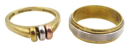 White and yellow gold spinner ring and a tri-coloured gold beaded spinner ring