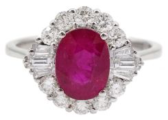 18ct white gold oval ruby and diamond cluster ring