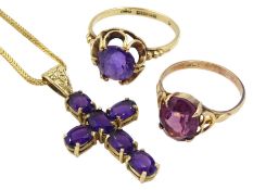 Gold amethyst cross pendant necklace and two gold single stone amethyst rings