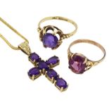 Gold amethyst cross pendant necklace and two gold single stone amethyst rings