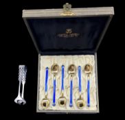 Set of six Norwegian silver gilt and blue enamel coffee spoons with leaf shape finials by David Ande