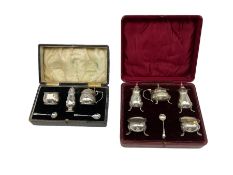 Edwardian silver five piece condiment set of circular design