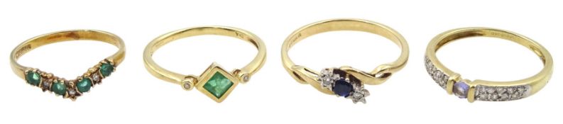 Four 9ct gold diamond and stone set rings including tanzanite