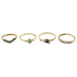 Four 9ct gold diamond and stone set rings including tanzanite