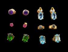 Six pairs of 9ct gold stone set stud earrings