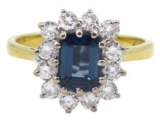 18ct gold emerald cut sapphire and round brilliant cut diamond cluster ring