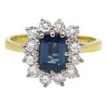 18ct gold emerald cut sapphire and round brilliant cut diamond cluster ring